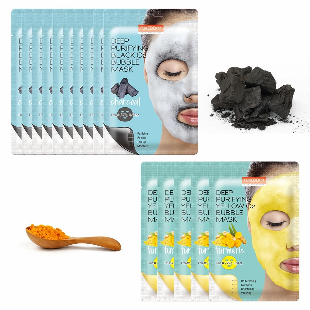 Purederm Deep Purifying Black O2 Bubble Mask Charcoal (10 Pack) Deep Purifying Yellow O2 Bubble Mask Turmeric (5 Pack)