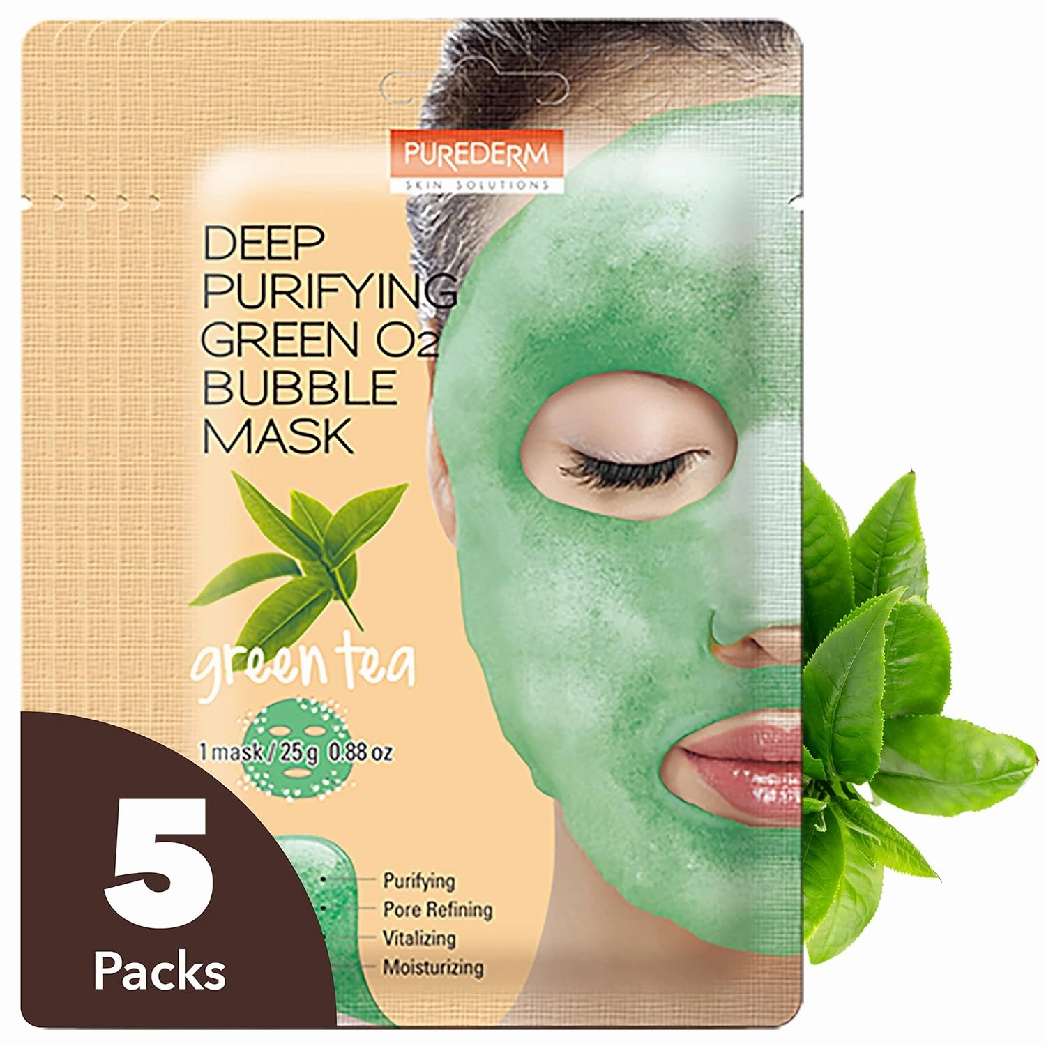 Purederm Green Tea Facial Mask Skin Care (5 Pack) Deep Purifying Pink O2 Bubble Mask Peach (5 Pack)