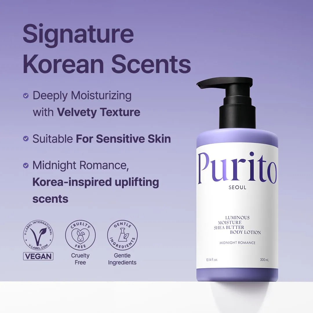PURITO Luminous Moisture Shea Butter Body Lotion, Shea Butter, Gentle on Skin, Moisturizing, Dry Skin, Pump Bottle, K-Beauty, 300ml / 10.14 fl. oz. (Midnight Romance, 10.14 fl. oz.)