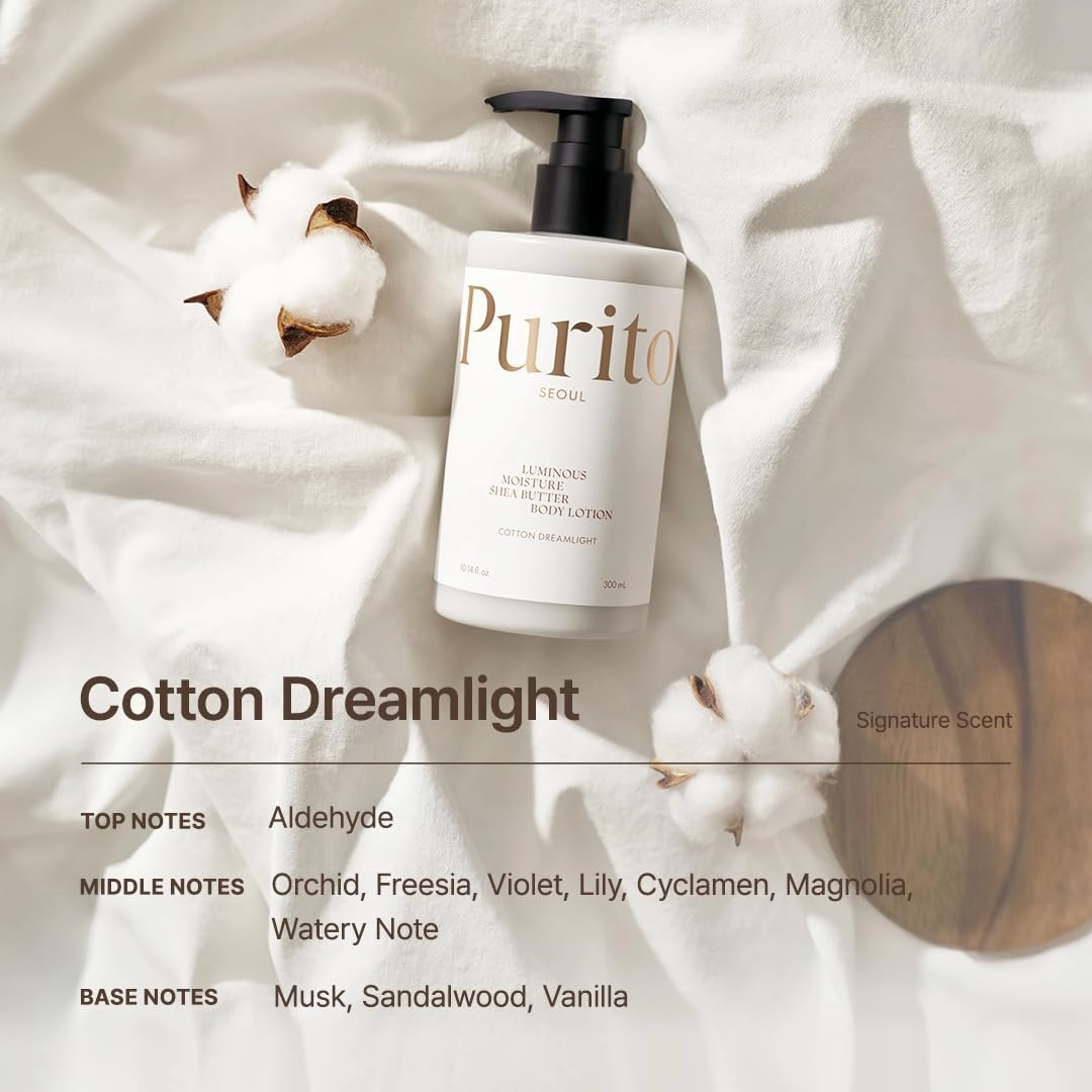 PURITO Luminous Moisture Shea Butter Body Lotion, Shea Butter, Gentle on Skin, Moisturizing, Dry Skin, Pump Bottle, K-Beauty, 300ml / 10.14 fl. oz. (Cotton Dreamlight, 10.14 fl. oz.)