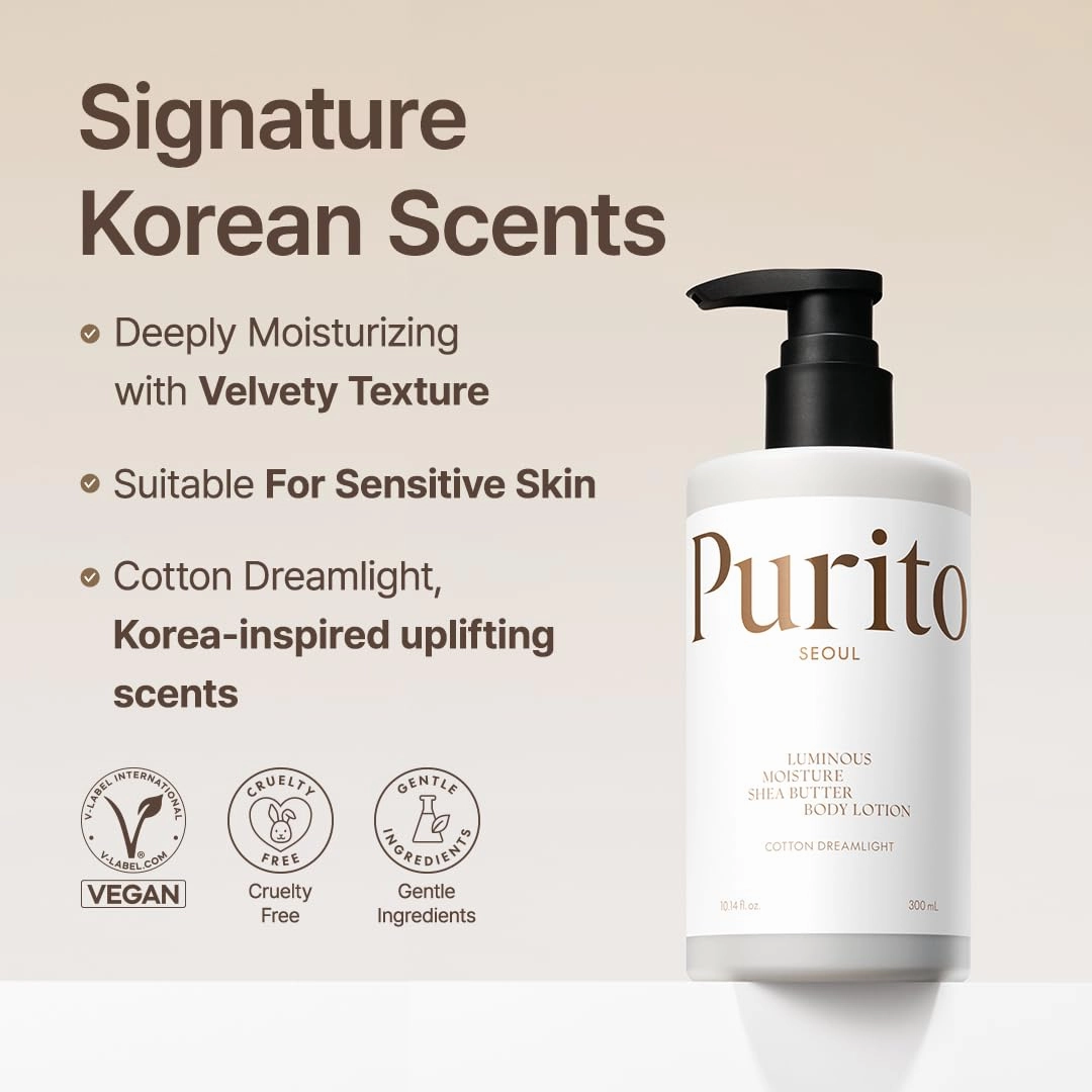 PURITO Luminous Moisture Shea Butter Body Lotion, Shea Butter, Gentle on Skin, Moisturizing, Dry Skin, Pump Bottle, K-Beauty, 300ml / 10.14 fl. oz. (Cotton Dreamlight, 10.14 fl. oz.)
