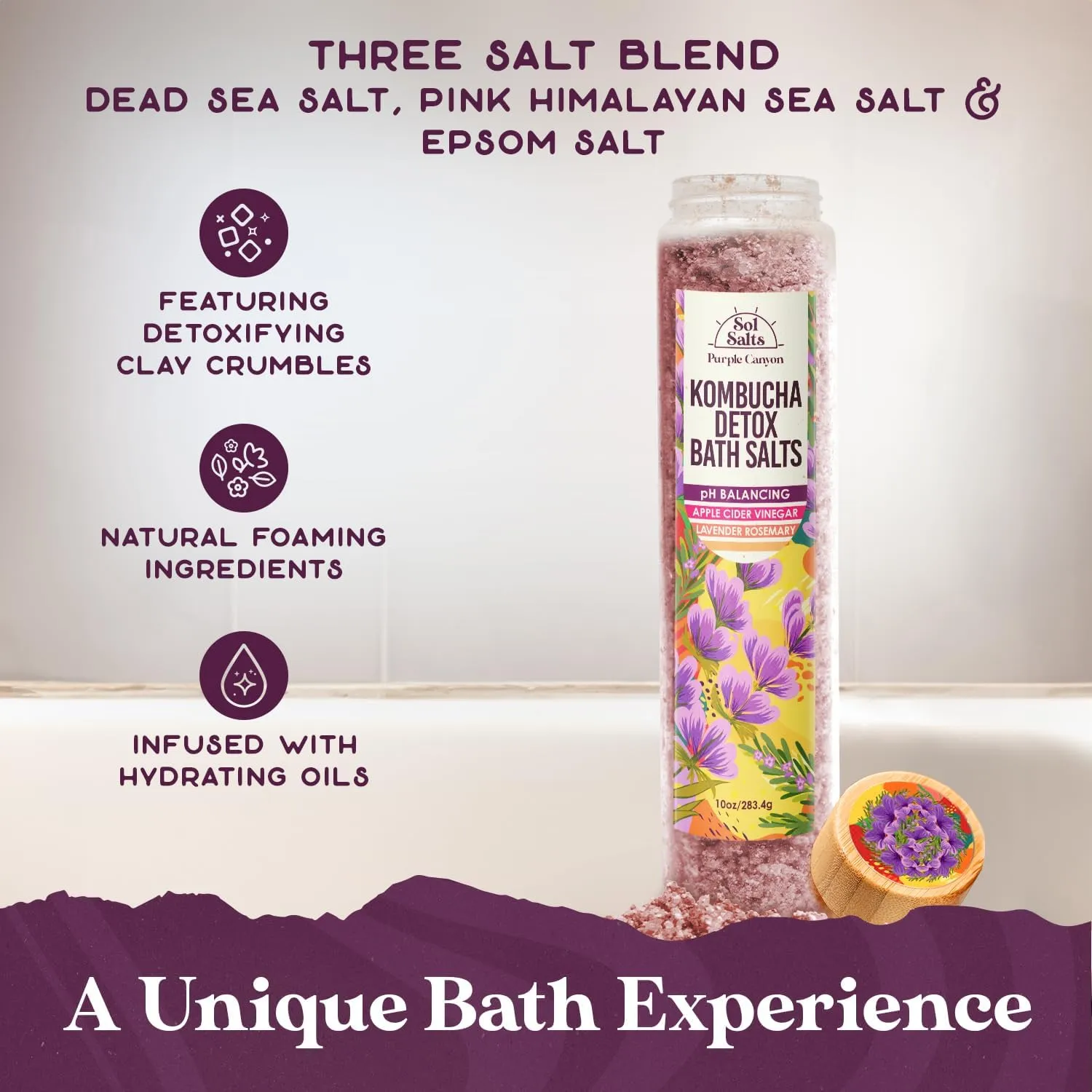 PURPLE CANYON SolSalts Kombucha Detox Bath Salts 10oz - Lavender Rosemary Soak with Apple Cider Vinegar - Detoxifying Spa Experience