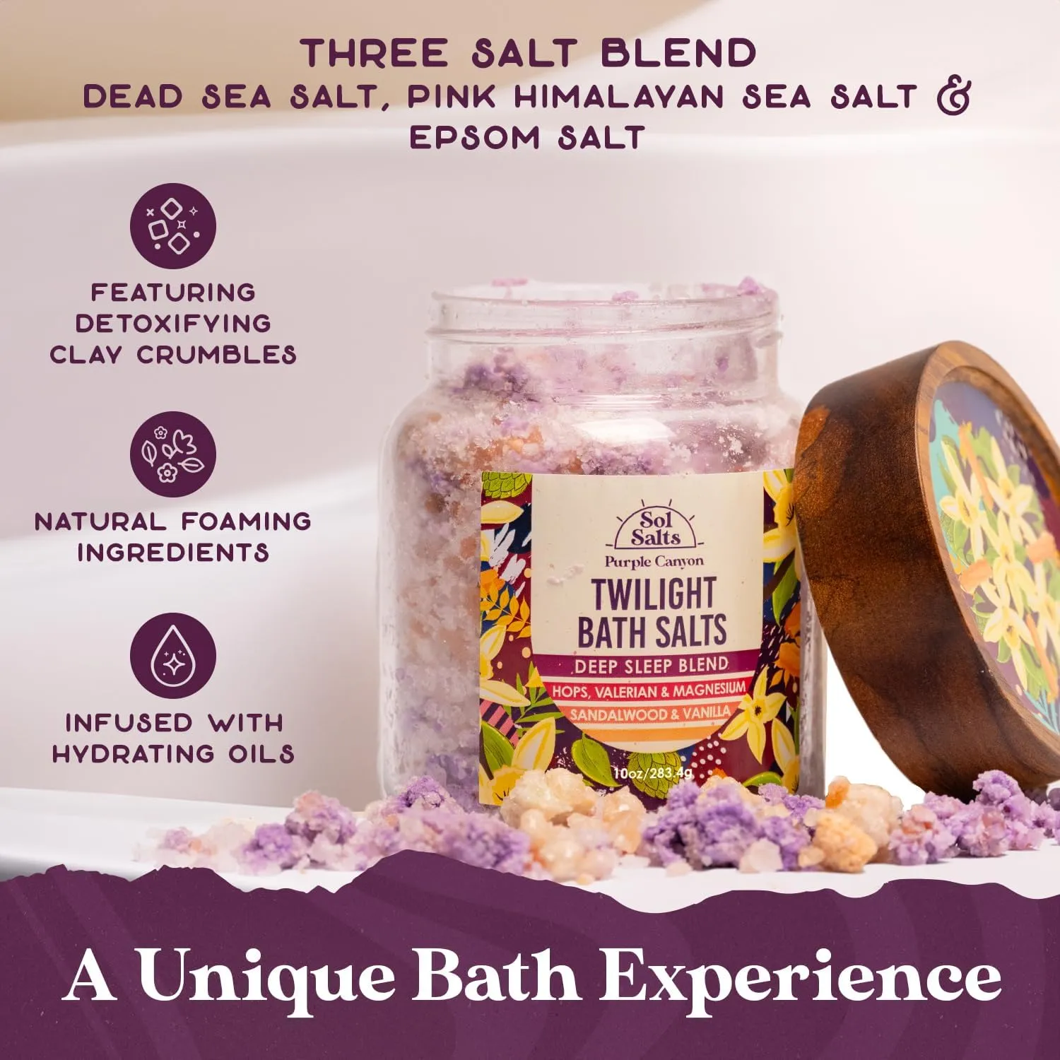 PURPLE CANYON SolSalts Twilight Deep Sleep Bath Salts 10oz | Magnesium-Infused Sandalwood & Vanilla Aromatherapy with Clay Crumbles