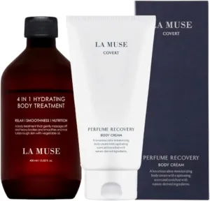 "LA MUSE Ultimate Hydration & Recovery Skincare Duo – 4-in-1 Hydrating Body Treatment for Aromatherapy Benefits   Perfume Recovery Body Cream(Covert) for Nourishing, Soothing, Deep Moisture & Firming