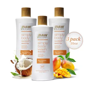 RAW SUGAR Simply Body Wash - Raw Coconut   Mango, Moisturizing & Soothing Bath & Shower Gel, Sulfate-Free, Paraben-Free & Vegan (Pack of 3)