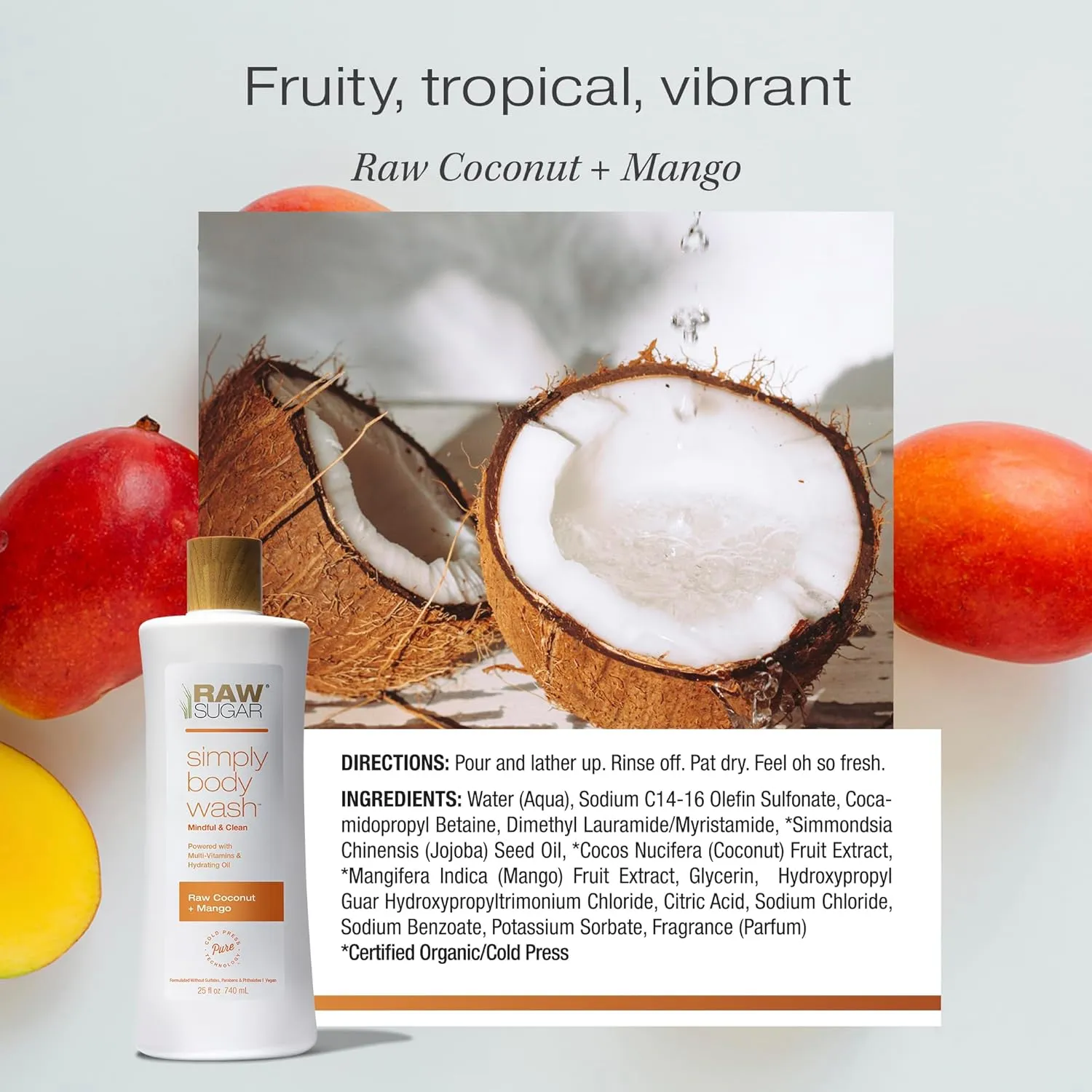 RAW SUGAR Simply Body Wash - Raw Coconut   Mango, Moisturizing & Soothing Bath & Shower Gel, Sulfate-Free, Paraben-Free & Vegan (Pack of 3)