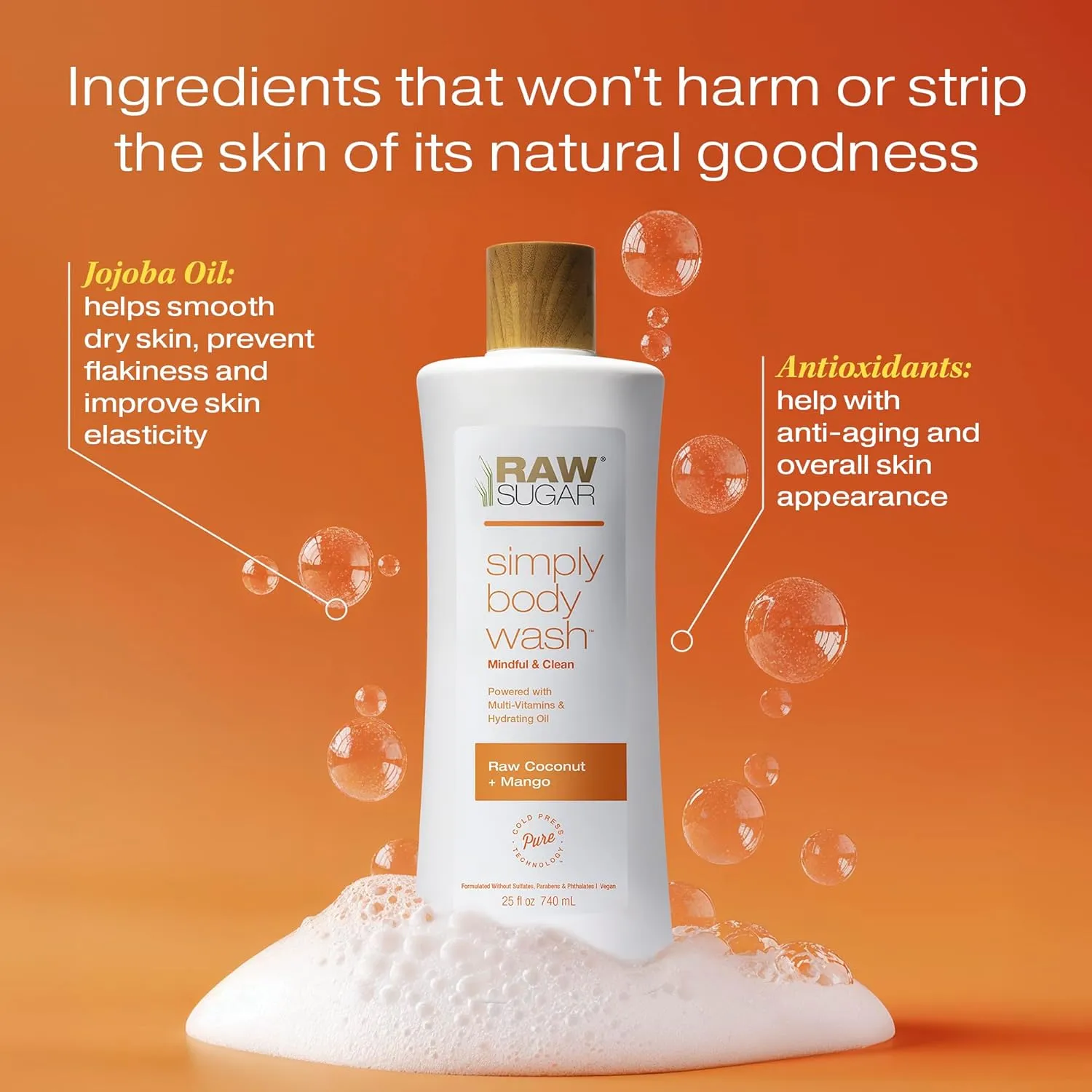 RAW SUGAR Simply Body Wash - Raw Coconut   Mango, Moisturizing & Soothing Bath & Shower Gel, Sulfate-Free, Paraben-Free & Vegan (Pack of 3)