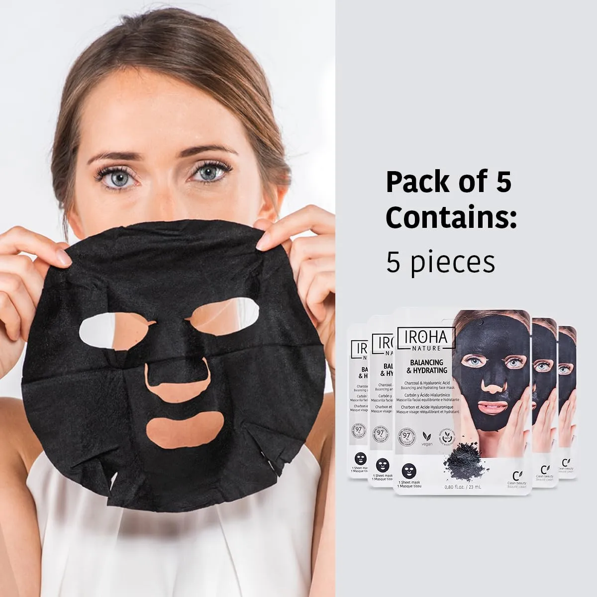 Rebalancing & Hydrating Tissue Face Mask | 5 Pack | With Charcoal & Hyaluronic Acid | Deep Purifying for Clean, Clear Skin | Results in 15 Minutes | 100% Vegan