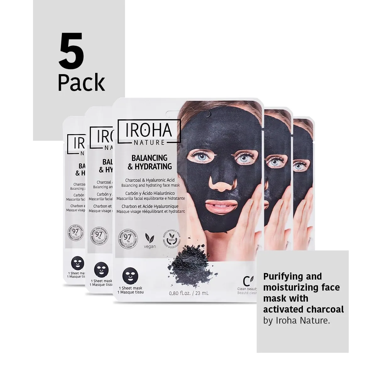 Rebalancing & Hydrating Tissue Face Mask | 5 Pack | With Charcoal & Hyaluronic Acid | Deep Purifying for Clean, Clear Skin | Results in 15 Minutes | 100% Vegan