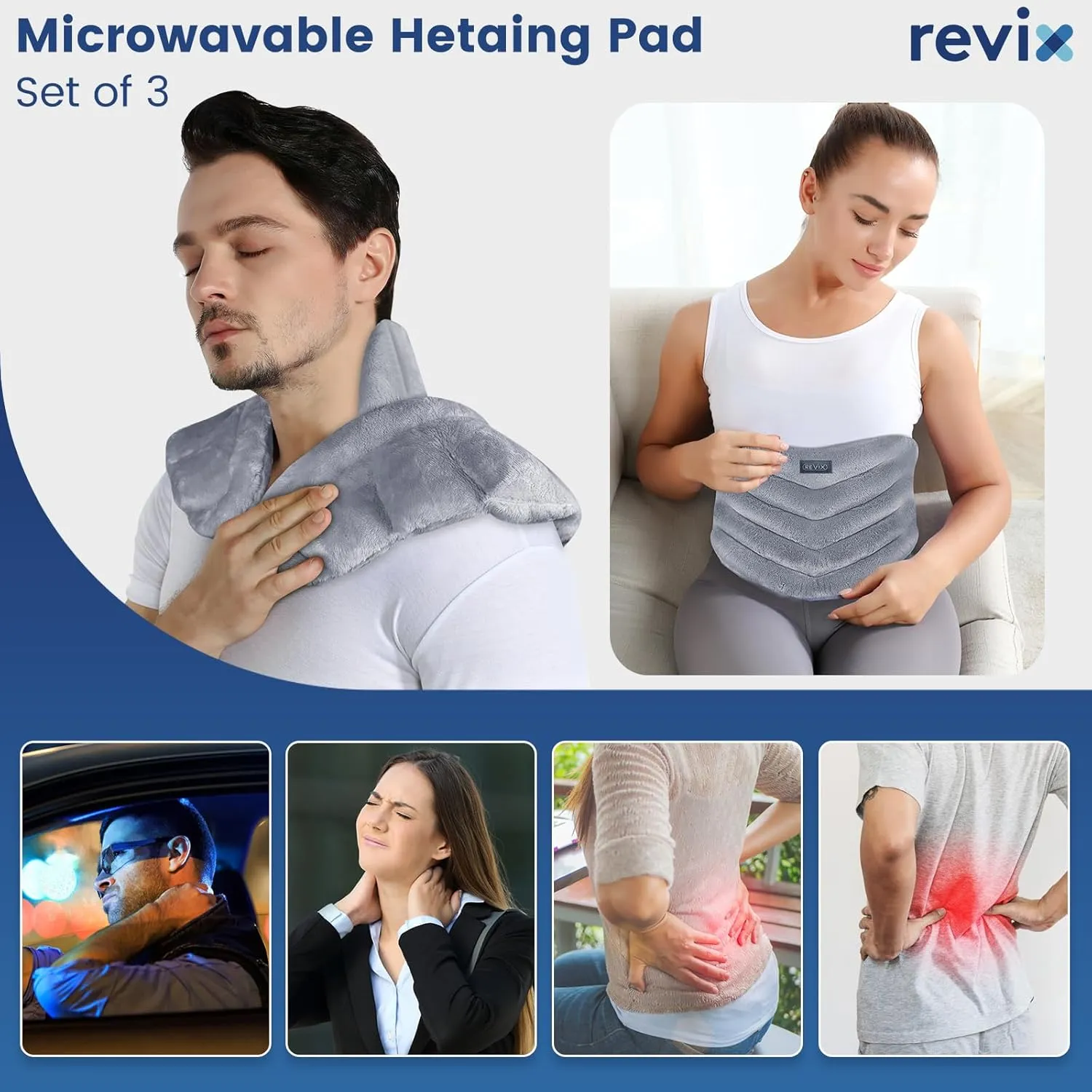 REVIX Microwave Heating Pad for Neck and Shoulders Lower Back, Warm Compress Heated Back Wrap with Weighted Plush, Hot Eye Mask, Set of 3