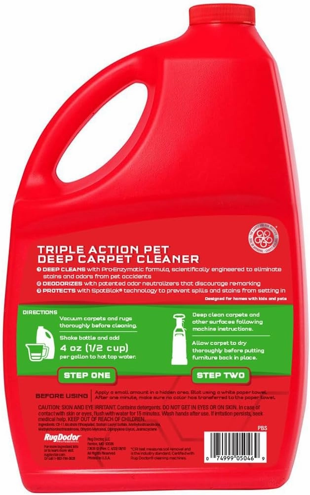 Rug Doctor Pet Carpet Cleaner, 96 oz., Pro-Enzymatic Formula with 3X Action - Cleans, Deodorizes, & Deters Remarking, Concentrated Solution, Professional Grade for Pet Stains & Odors