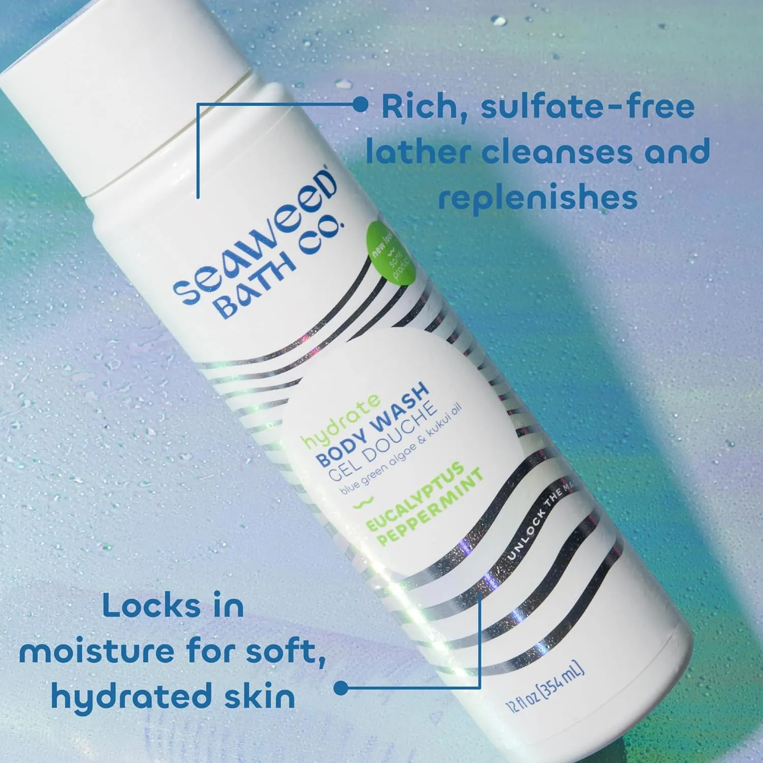 Seaweed Bath Co. Hydrate Body Wash, Eucalyptus Peppermint Scent, 12 Ounce (Pack of 2), Shower Gel for Men & Women, Vegan, Paraben Free, Sulfate Free, Cruelty Free