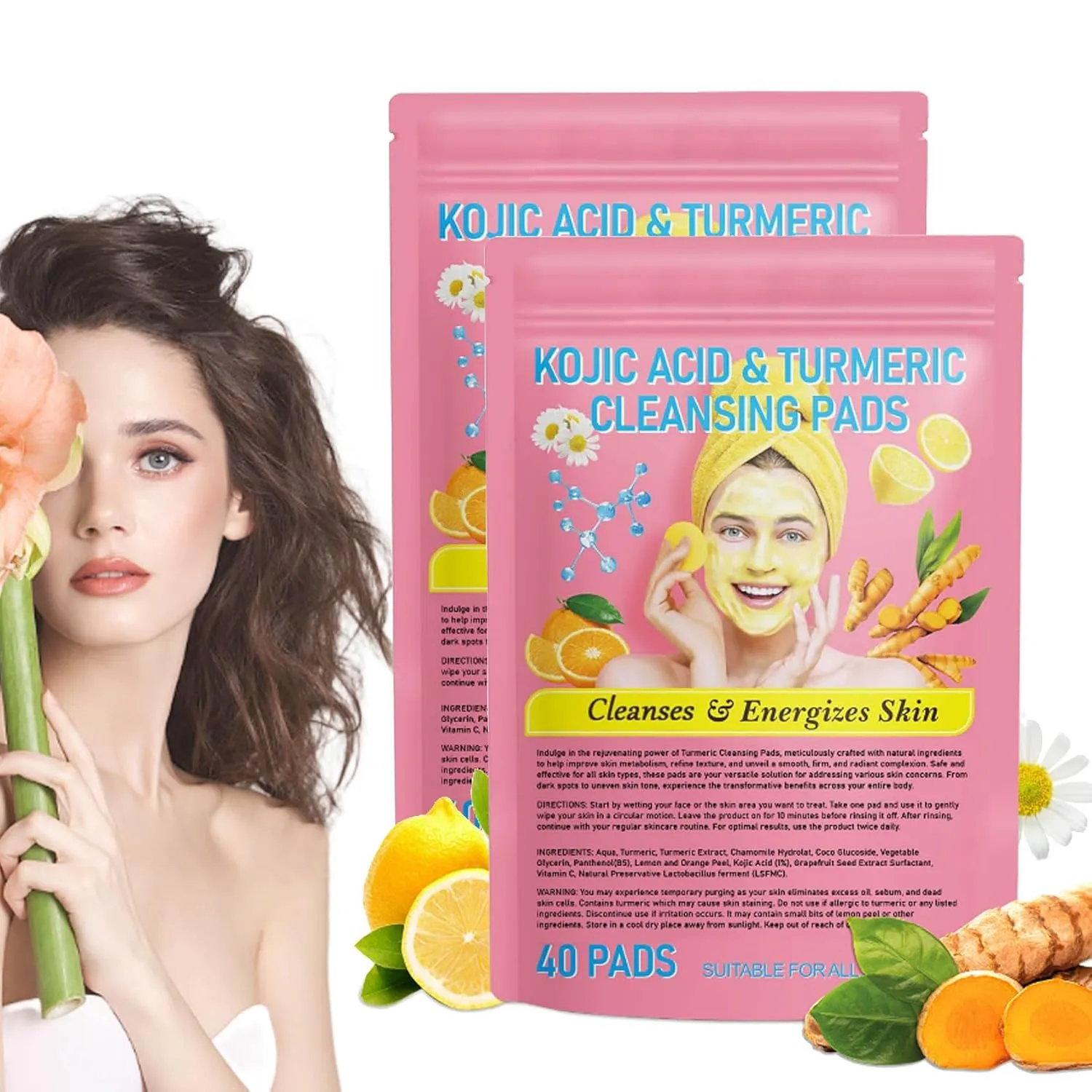 Sensure Turmeric Kojic Acid Pads - Kojic Acid and Turmeric Cleansing Pads Sensure, Turmeric Kojic Acid Pads Facial Sponges for Cleansing and Exfoliating (2 Bag)