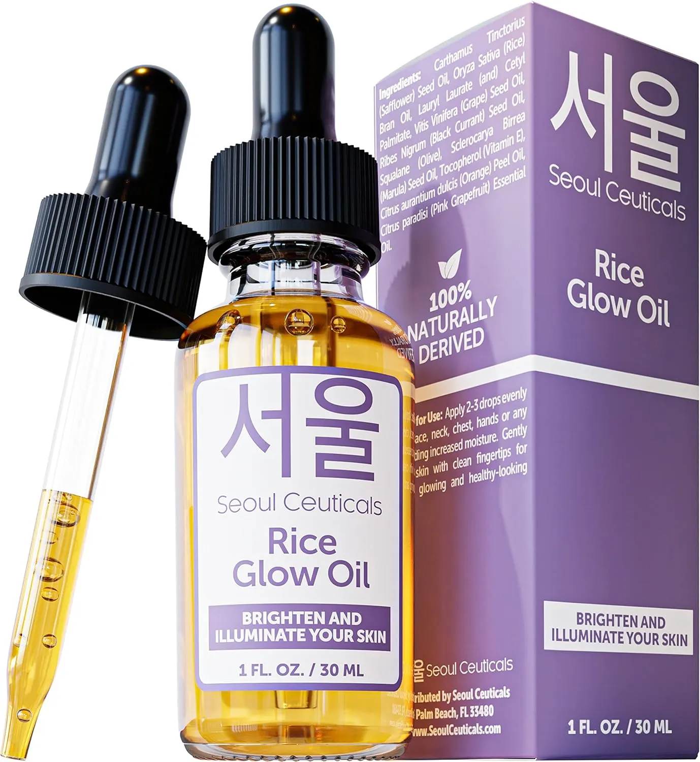 SeoulCeuticals Rice Bran Oil for Skin - Korean Skin Care Facial Glow Oil With Squalane & Vitamin E - Cruelty Free K Beauty Skincare for Glass Skin 1oz