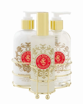 Shelley Kyle Velvet Rose Oud Three piece caddy with Lotion, Liquid Hand Soap and Room Atomizer