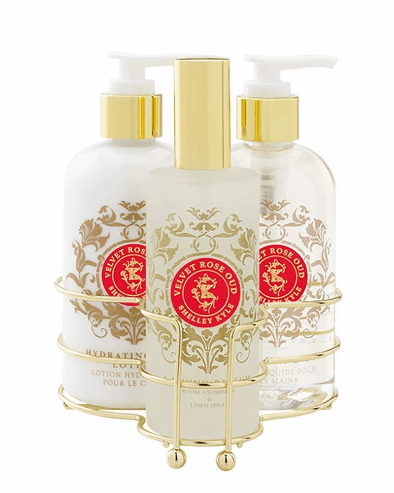 Shelley Kyle Velvet Rose Oud Three piece caddy with Lotion, Liquid Hand Soap and Room Atomizer