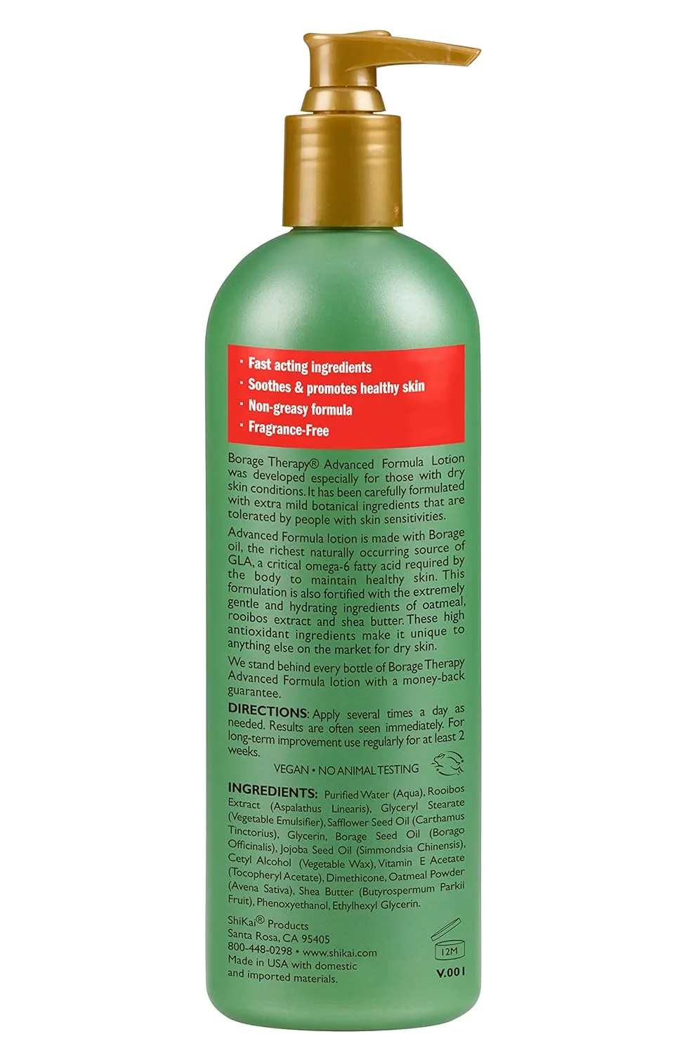 ShiKai Borage Therapy Advanced Formula Body Moisturizer (16 oz) | Fragrance Free | Hydrating Lotion for Dry Hands & Body | With Oatmeal & Shea