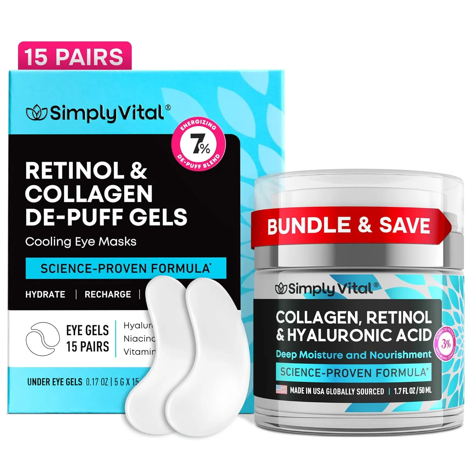 SimplyVital Collagen Cream & Cooling Eye Masks Bundle – Anti-Aging Face Moisturizer for Face, Neck & Décolleté   Under Eye Patches for Puffy Eyes – Retinol, Collagen & Hyaluronic Acid
