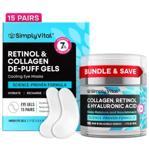 SimplyVital Collagen Cream & Cooling Eye Masks Bundle – Anti-Aging Face Moisturizer for Face, Neck & Décolleté   Under Eye Patches for Puffy Eyes – Retinol, Collagen & Hyaluronic Acid