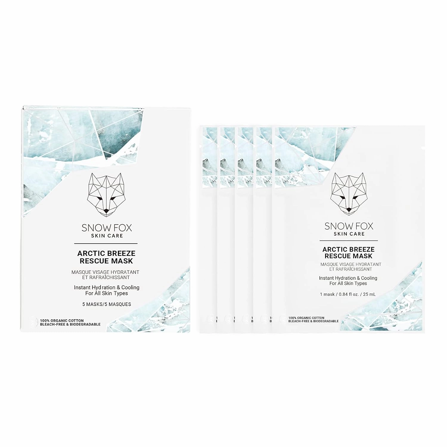 Snow Fox Skincare - Arctic Breeze Rescue Mask - Peppermint Oil, Aloe Vera, Seaweed Extract | Hydrating, Soothing Skin Redness & Irritation | Post-Sun Recovery | Premium Organic Cotton - 5 Pack