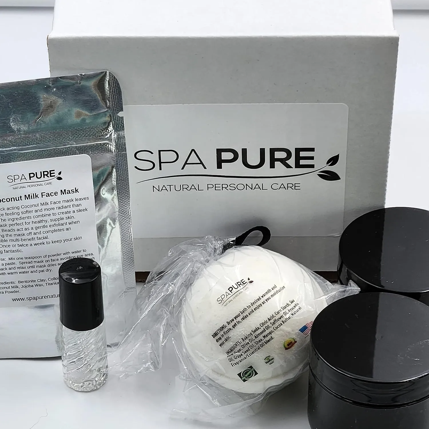 Spa Kit, All-Natural, Gift Box Includes Luxurious Coconut Milk Bubble Bath, Whipped Soap Scrub, Body Butter, Coconut/Clay Facial Mask, Roll On, Girlfriend, Wife, Mom (5 Piece Set) (Flowers Bomb)