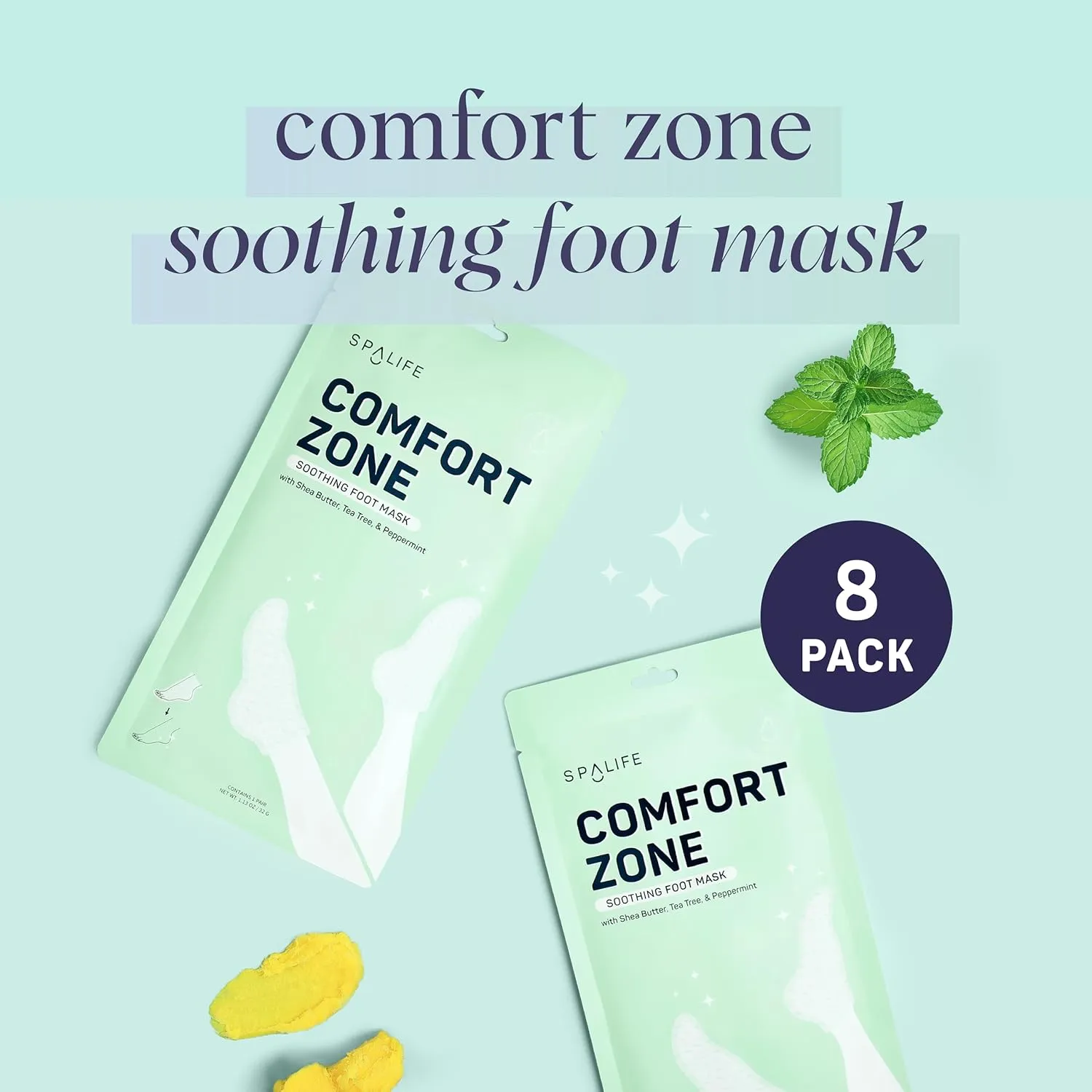 SpaLife Beauty Comfort Zone Soothing Foot Masks – Hydrating and Moisturizing Foot Socks – Hydrating Foot Mask – Soothes Rough, Cracked, Dry Feet with Tea Tree Oil – Shea Butter – Peppermint – 8 Pack