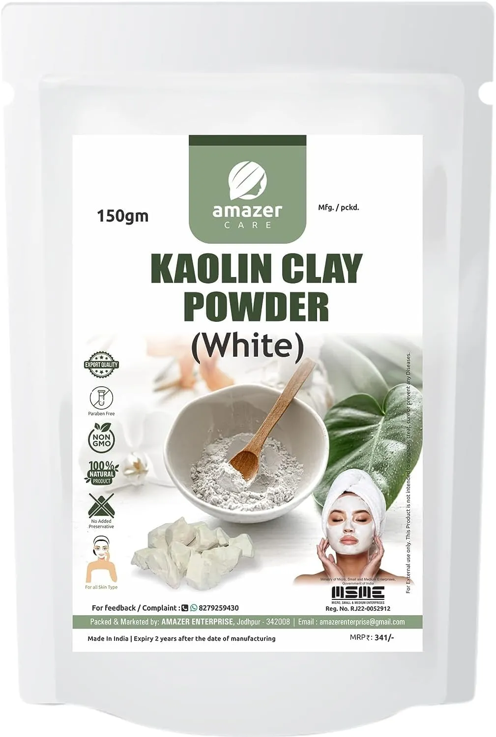 SS Natural Kaolin Clay Powder (China Clay) Anti Acne, Skin Whitening & Hair Care| Face Pack (150gm, 1 Pouch) 100% Pure White Kaolin Clay (Chini Mitti)
