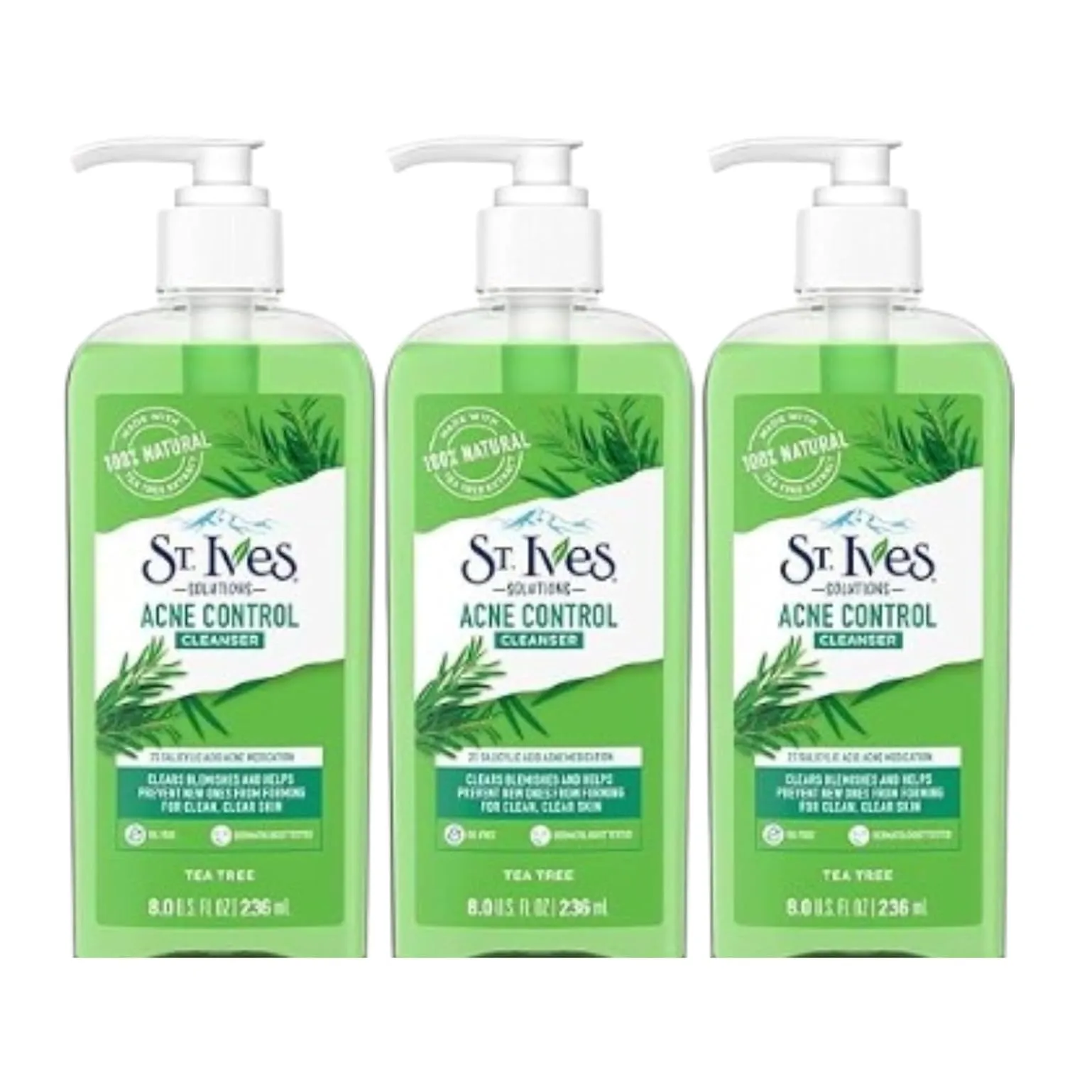 St. Ives Acne Control Face Cleanser Skin Care with 2% Salicylic Acid, and 100% Natural Tea Tree Extract 8 oz (Pack of 3)