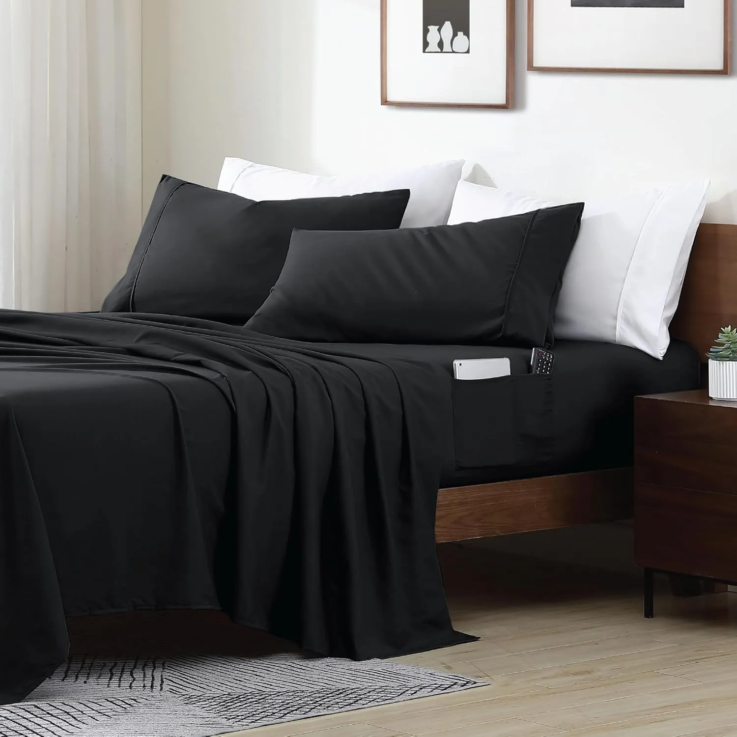 Swift Home Smart Sheets, Ultra Soft Brushed Microfiber 4-Piece Sheet Set, Fitted Bed Sheet with Side Storage Pockets – Black, King
