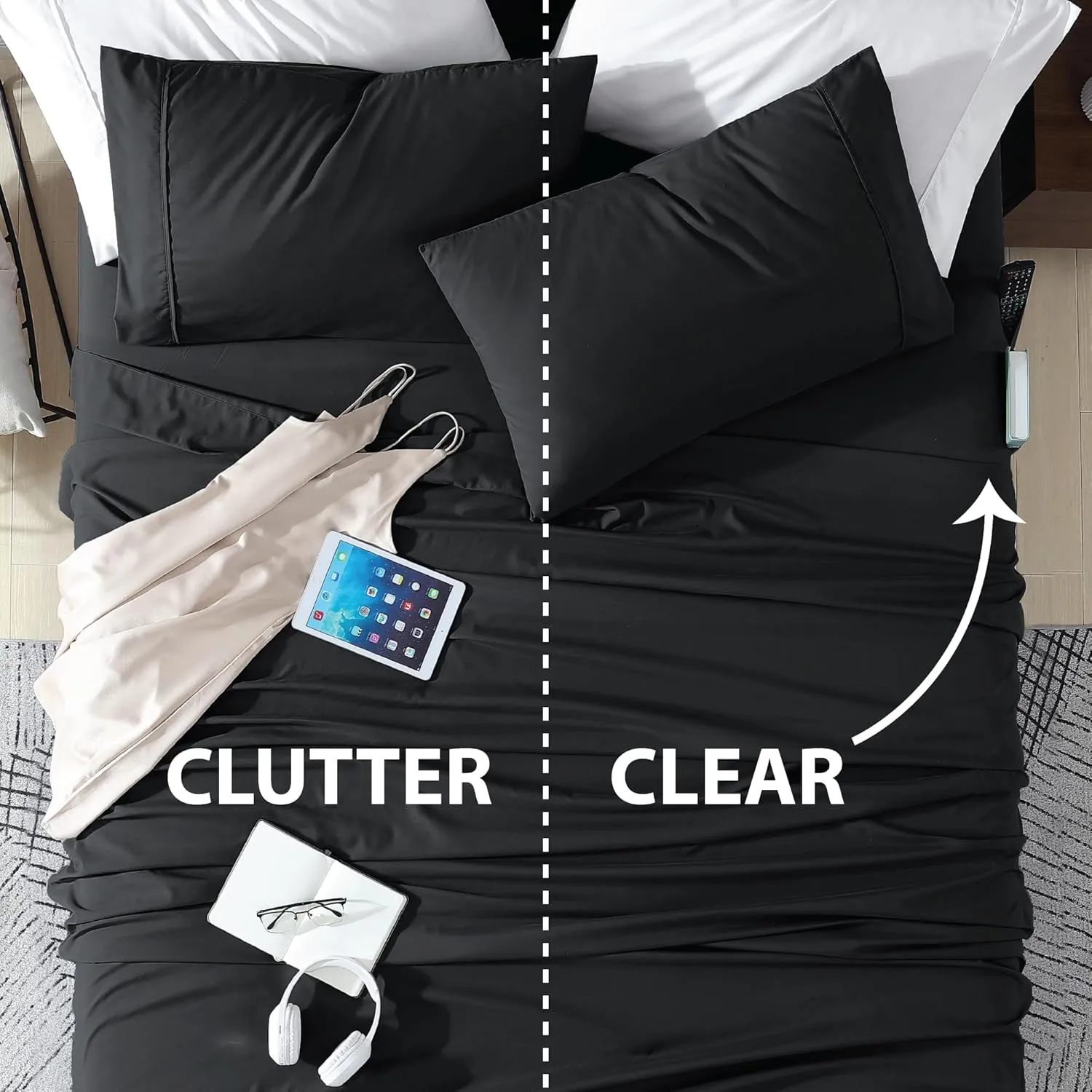 Swift Home Smart Sheets, Ultra Soft Brushed Microfiber 4-Piece Sheet Set, Fitted Bed Sheet with Side Storage Pockets – Black, King