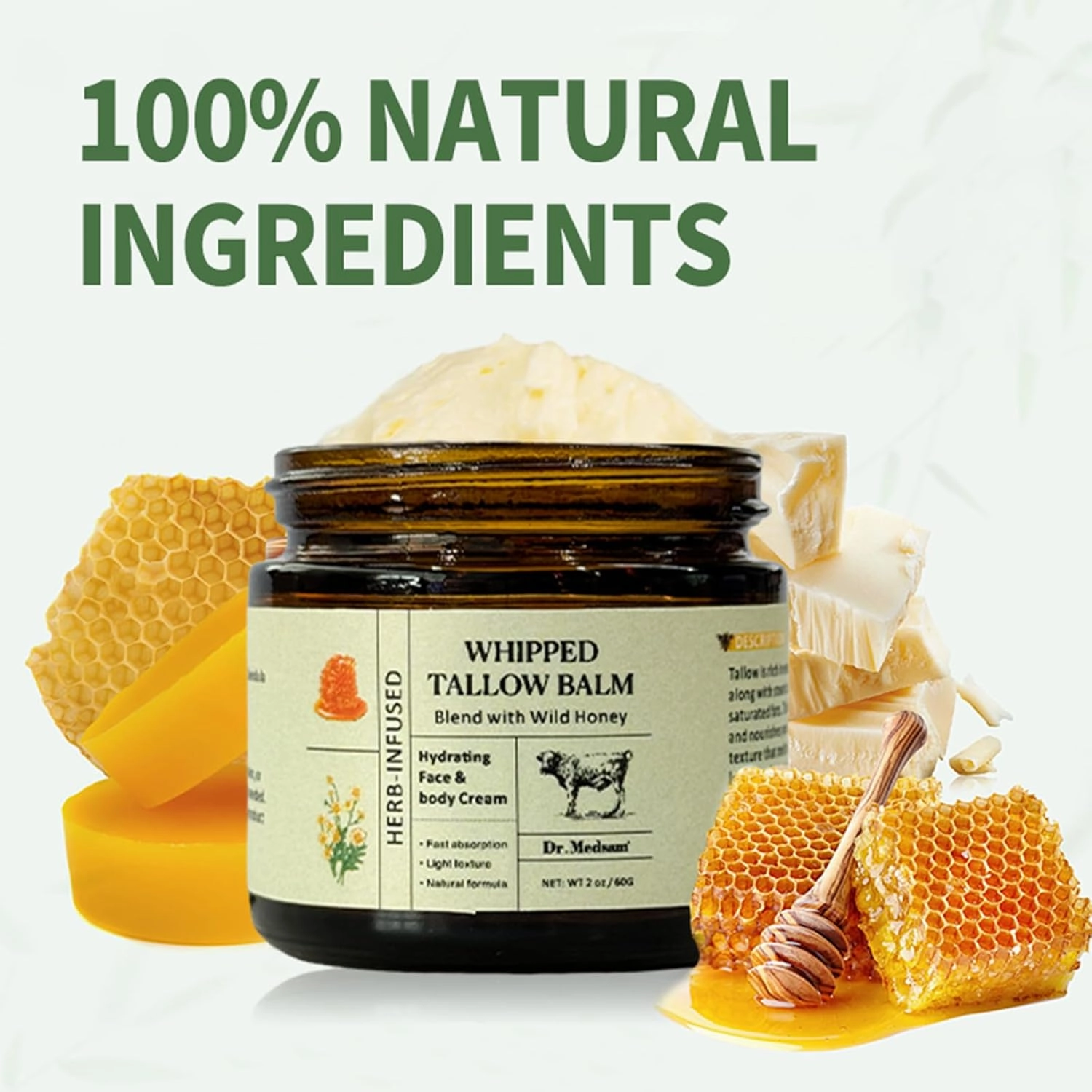 Tallow and Honey Balm for Face, Grass Fed Beef Tallow and Honey Balm Skin Moisturizer, Natural Formula for Dry & Sensitive Skin (2)