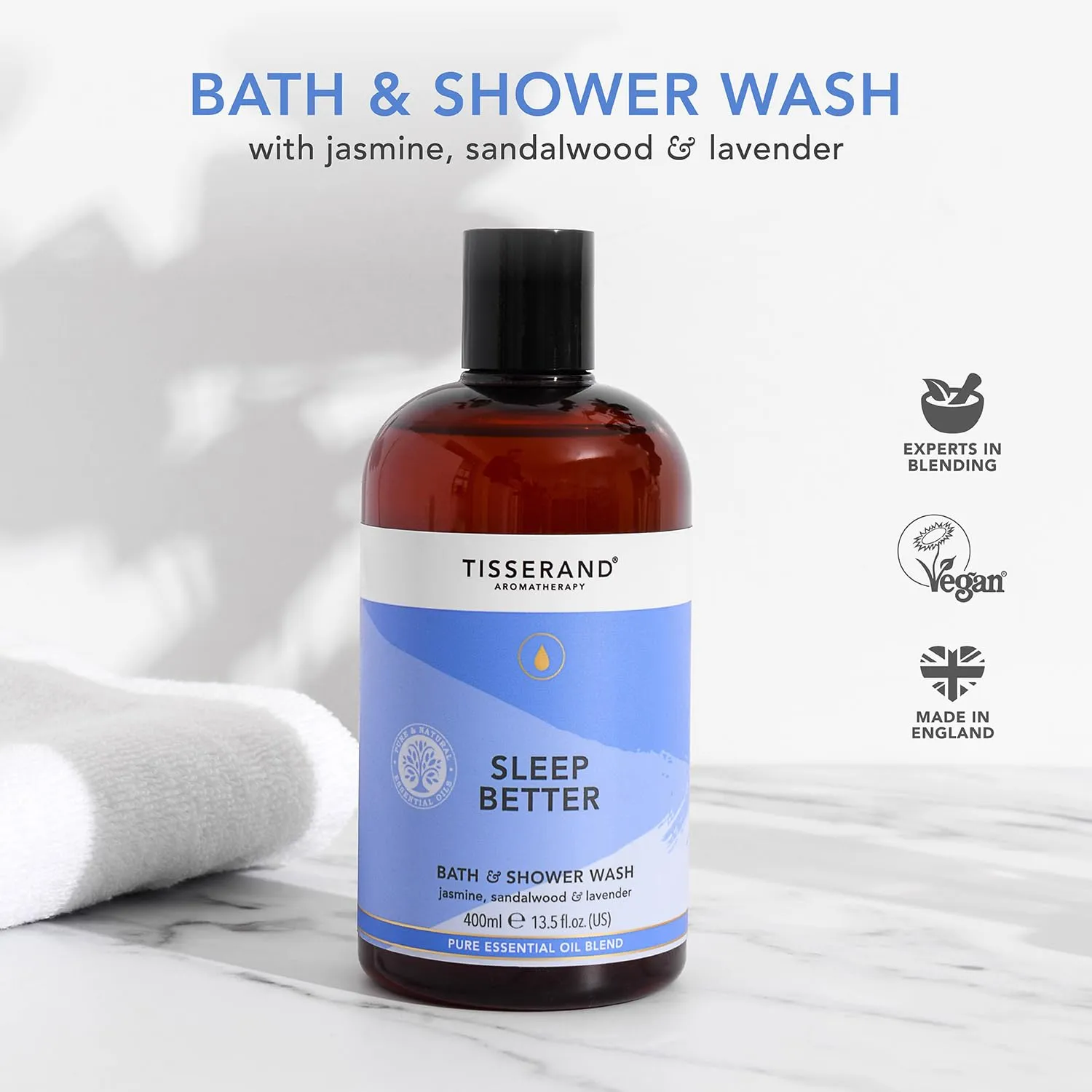 Tisserand Aromatherapy | Sleep Better | Lavender Bath & Shower Wash With Jasmine & Sandalwood | 100% Pure Essential Oil Blend | 400ml