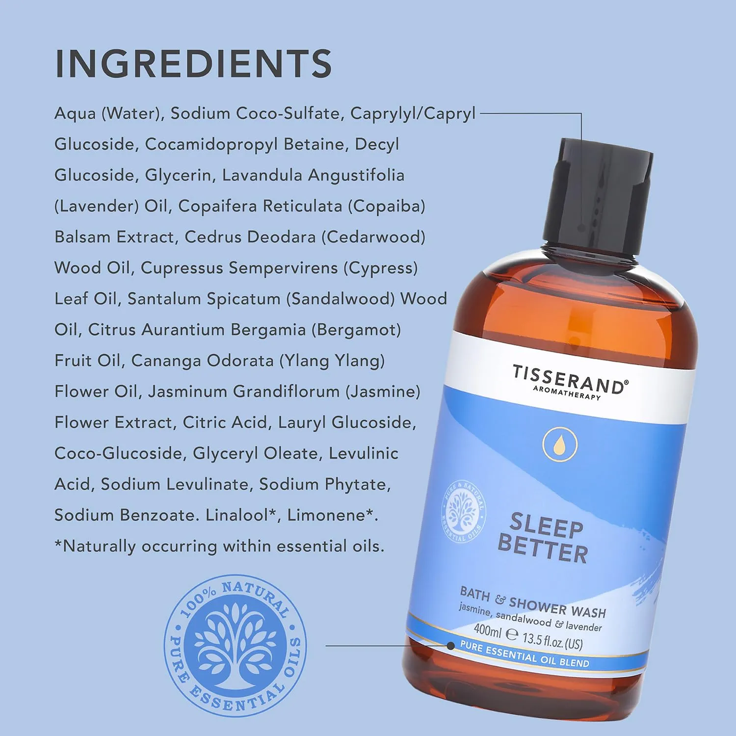 Tisserand Aromatherapy | Sleep Better | Lavender Bath & Shower Wash With Jasmine & Sandalwood | 100% Pure Essential Oil Blend | 400ml