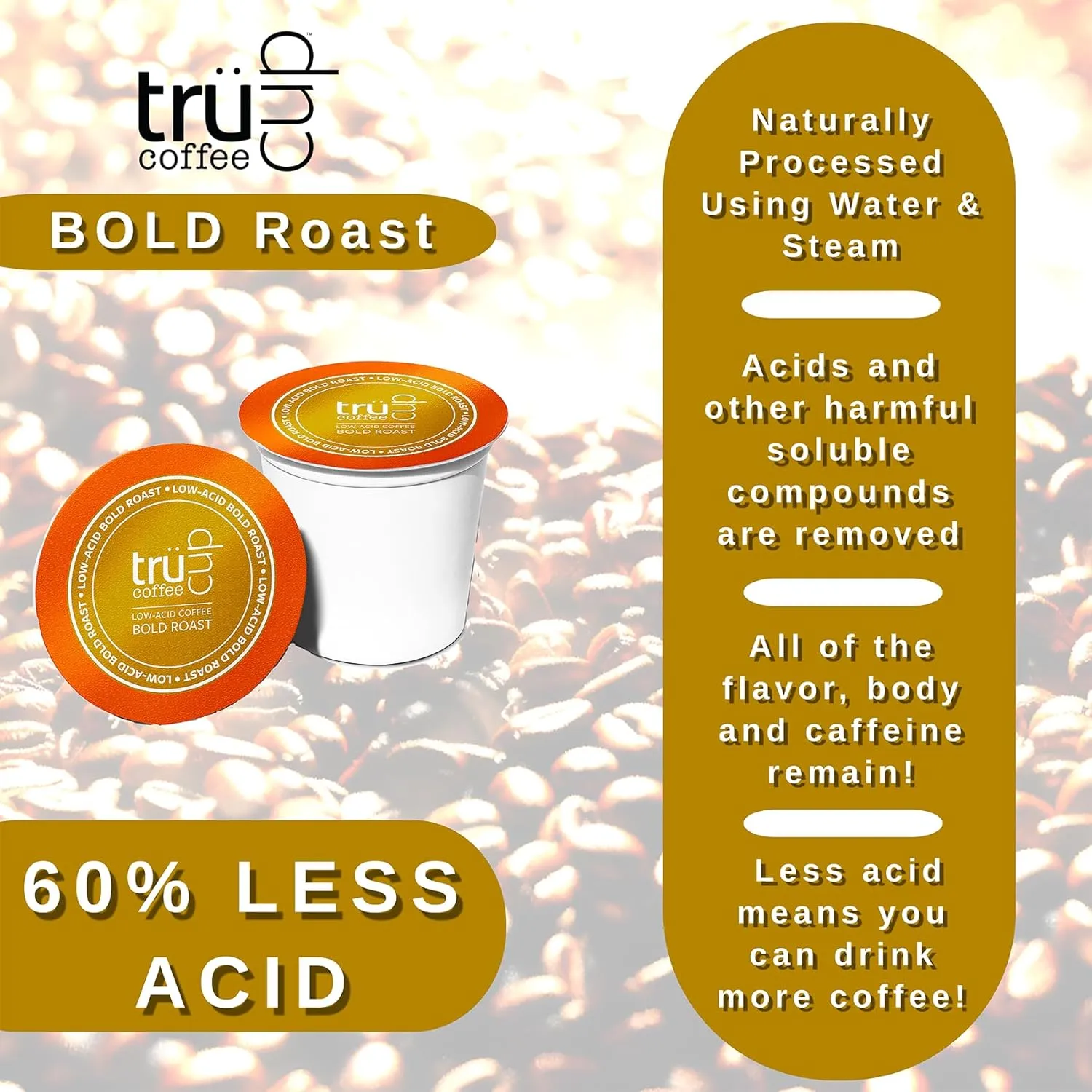 trücup Low Acid Coffee - Bold Roast - 48 Count Single Serve Coffee Pods- Low-acid coffee - Can Be Gentle on the Stomach (Bold, 48)