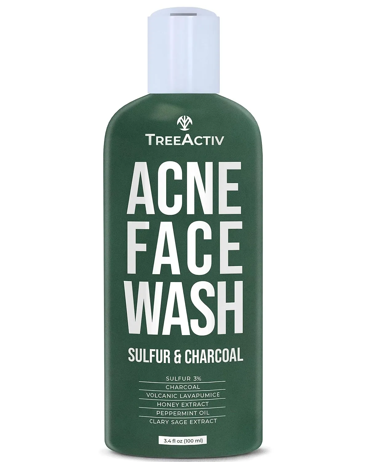 TreeActiv Acne Charcoal Face Wash 3.4 oz, Exfoliating Daily Honey & Sulfur Face Wash - Sulfur Acne Treatment Cleanser Face Soap, Mens Face Wash, Deep Cleansing Moisturizing Face Wash for Women and Men