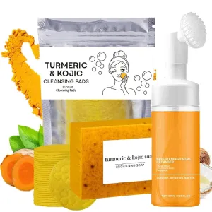 Turmeric Cleansing 3-Piece Set - Facial Cleanser, Soap Bar & Exfoliating Pads for Deep Cleaning