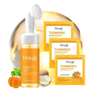 Turmeric Face Wash with Brush & Turmeric Soap Bar Care Set, 1pcs Facial Cleanser & 3pcs Soap Bar, Deep Cleansing for All Skin Types