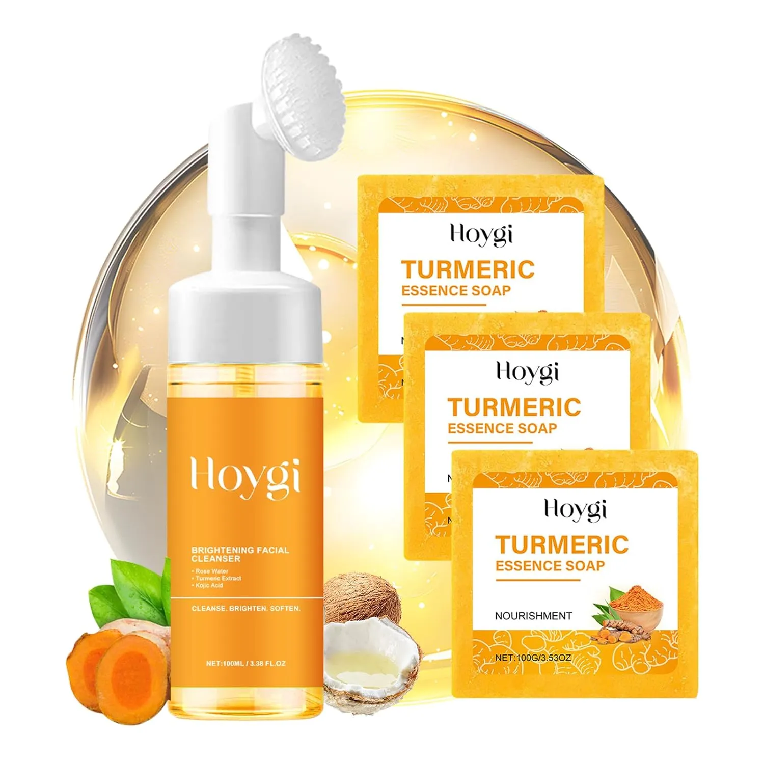 Turmeric Face Wash with Brush & Turmeric Soap Bar Care Set, 1pcs Facial Cleanser & 3pcs Soap Bar, Deep Cleansing for All Skin Types