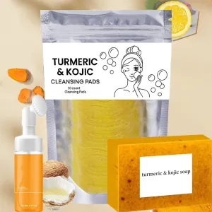Turmeric Wash And Care Three Piece Set - Turmeric Facial Pads, Turmeric Cleansing Soap Cleaner, Turmeric Face Scrub Pads, Turmeric Cleansing Skincare Set, Lemon Turmeric Soap Fragrance (1 Set)