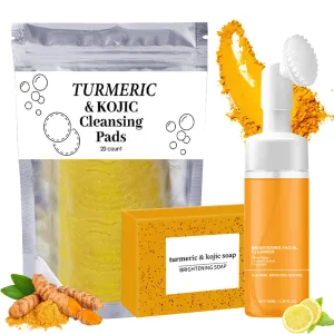 Turmeric Wash And Care Three Piece Set, Turmeric Trio: Facial Wash, Cleansing Mousse & Soap for Skin Care, Cleansing Exfoliating Pads, Turmeric Cleansing Skincare Set for Face & Body