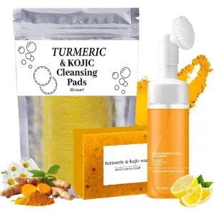 Turmeric Wash and Care Three Piece Set, Turmeric Trio: Facial Wash, Cleansing Mousse & Soap for Skin Care, Turmeric Cleansing Exfoliating Pads, Turmeric Face Wash for Face & Body