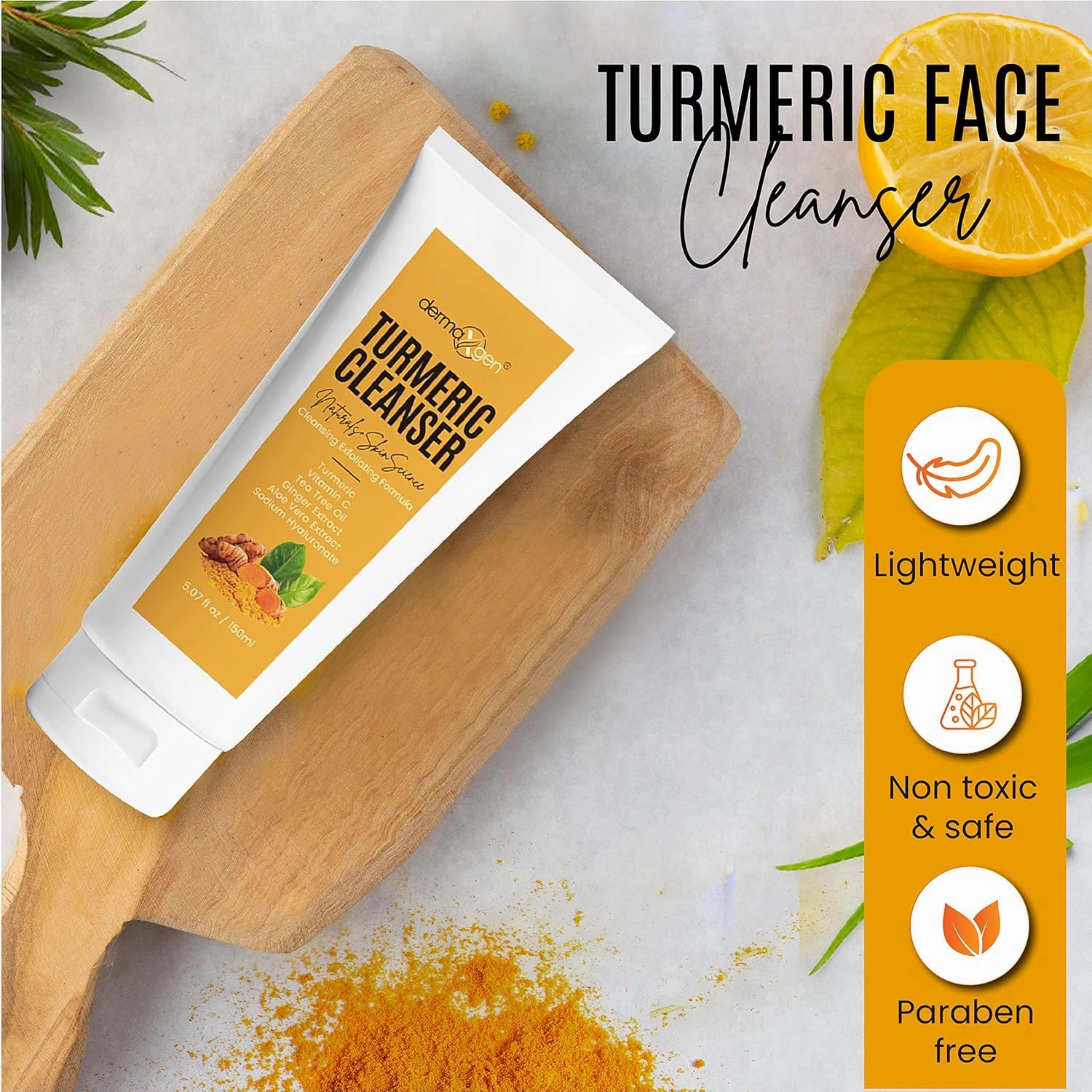 Turmeric Facial Cleanser – Natural Anti-Aging Exfoliating Turmeric Face Wash for Glowing Skin – Helps Clear Acne Scars, Dark Spots, Sun Damage & Discoloration – 5 oz