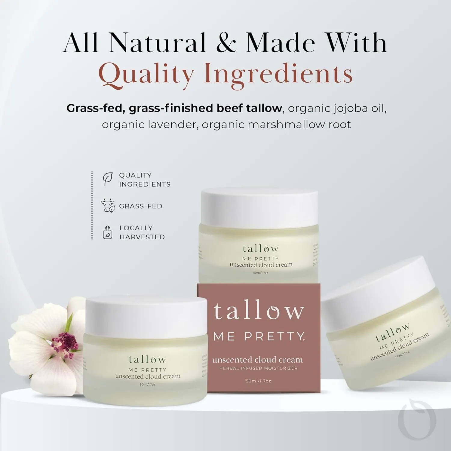 Unscented Cloud Cream, Nourishing Beef Tallow Moisturizer Infused with Lavender and Marshmallow Herbs for Deep Hydration, Soothing Relief, No Essential Oils, Gentle for Sensitive Skin, 1.7 oz
