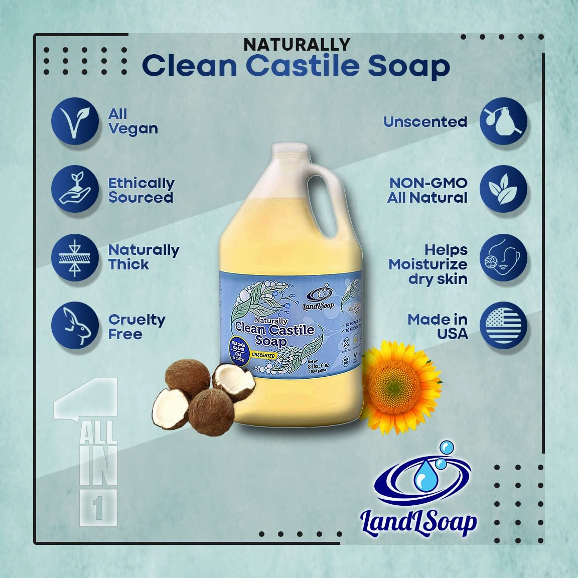 Unscented Pure Castile Soap Liquid for Face, Hand & Body Wash- Vegan, Non-GMO, Made in USA, All Skin Types, Dry & Sensitive Skin (1 Gallon)
