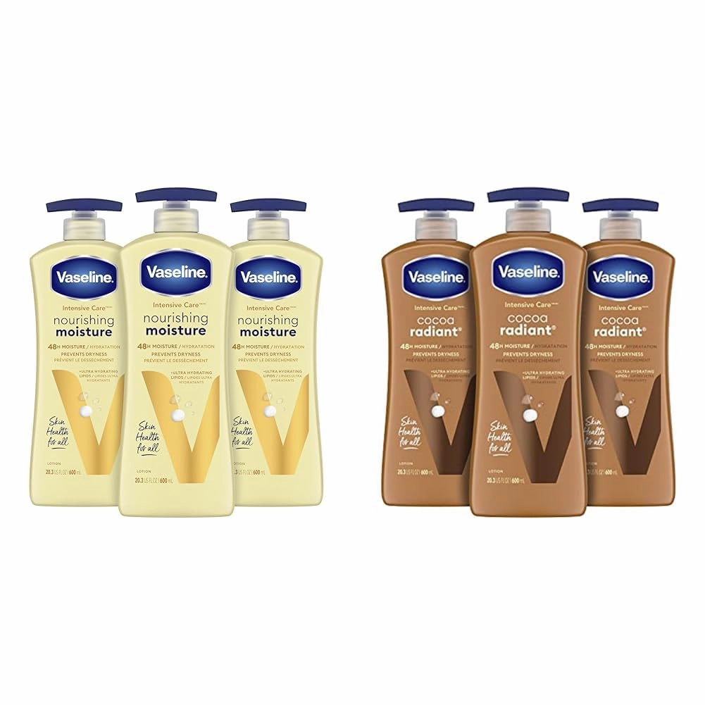 Vaseline hand and body lotion Intensive Care Moisturizer for Dry Skin Essential Healing Clinically Proven to Moisturize Deeply 20.3 Fl oz & Intensive Care Body Lotion for Dry Skin Cocoa Radiant Lotion
