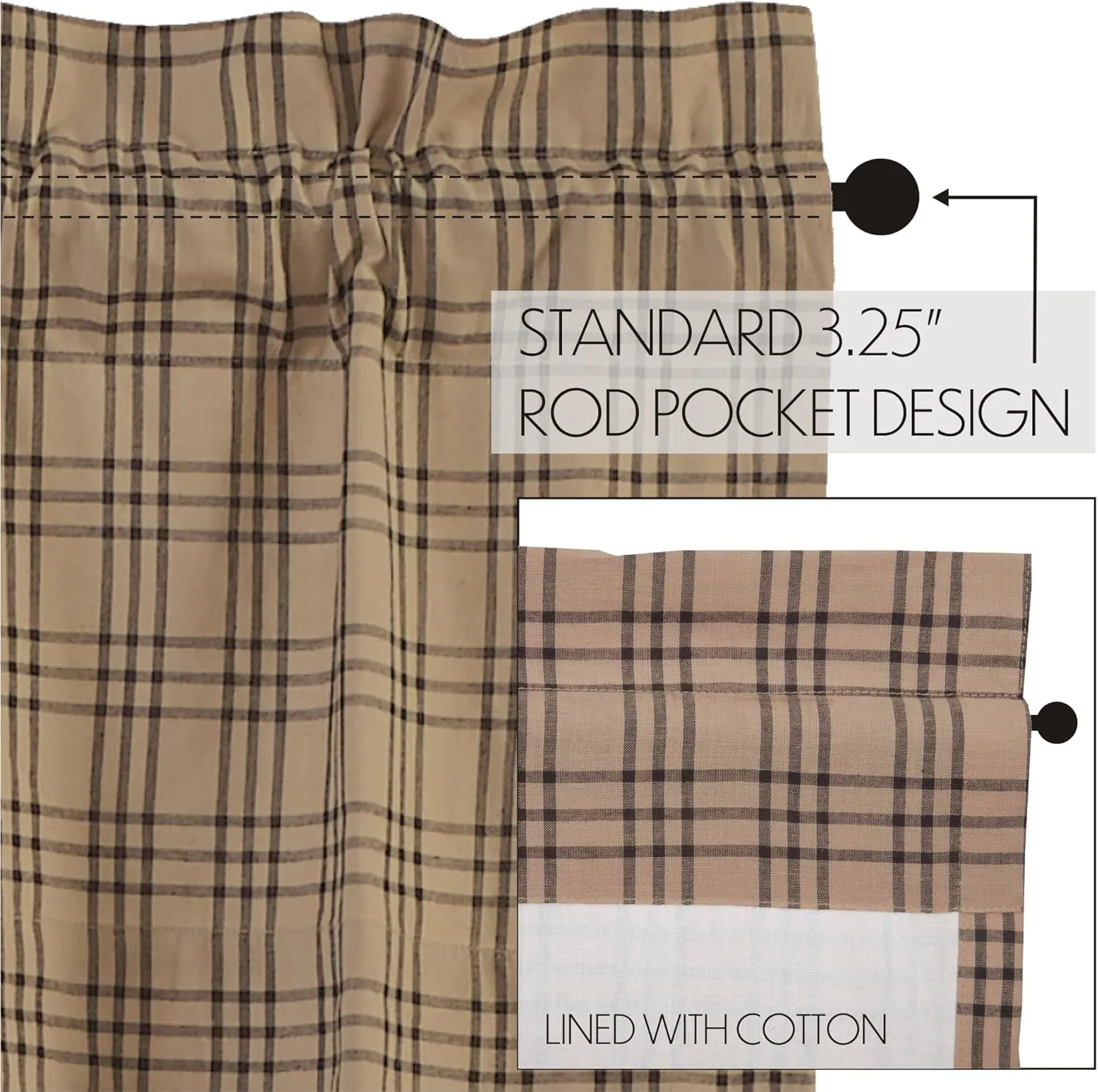 VHC Brands Farmhouse Window Curtains-Sawyer Mill Tan Panel Pair, One Size, Charcoal Black