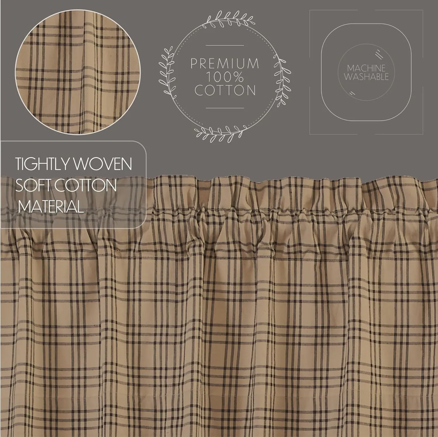 VHC Brands Farmhouse Window Curtains-Sawyer Mill Tan Panel Pair, One Size, Charcoal Black