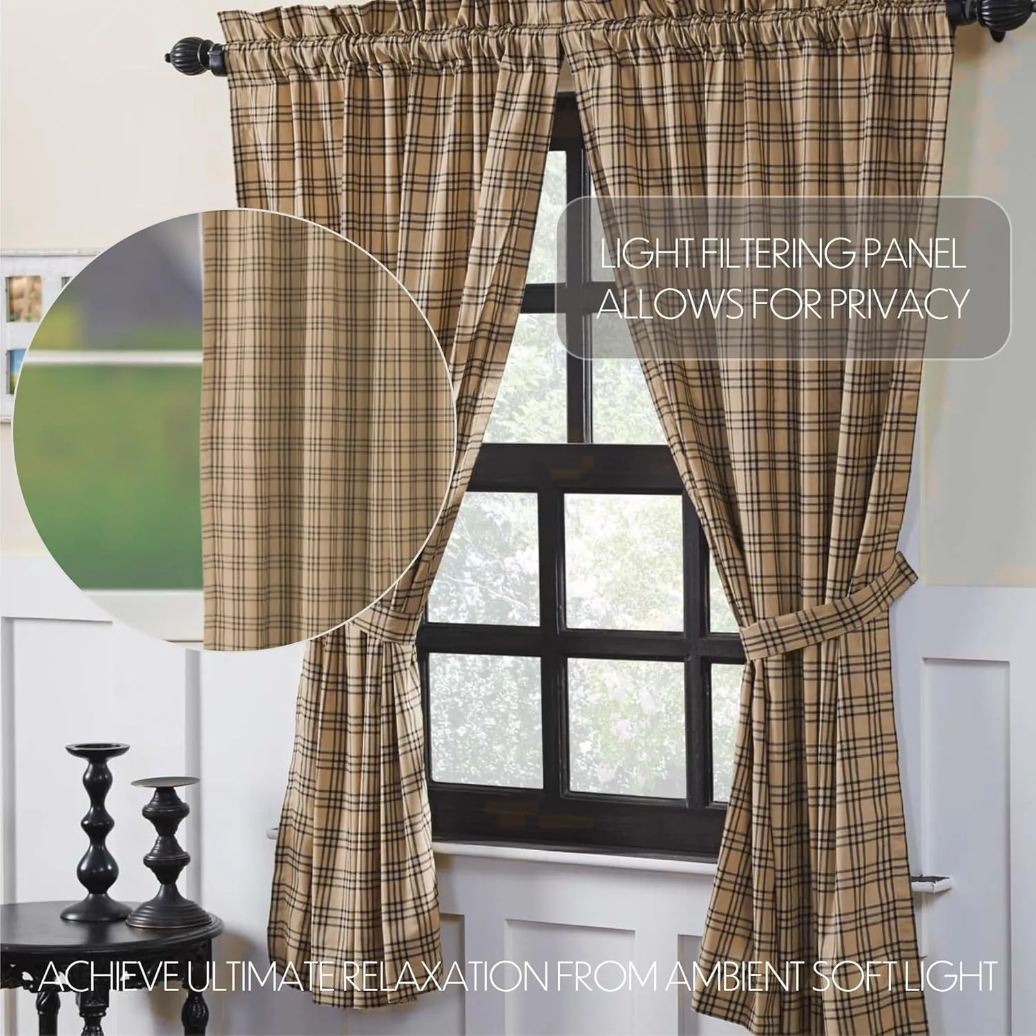 VHC Brands Farmhouse Window Curtains-Sawyer Mill Tan Panel Pair, One Size, Charcoal Black
