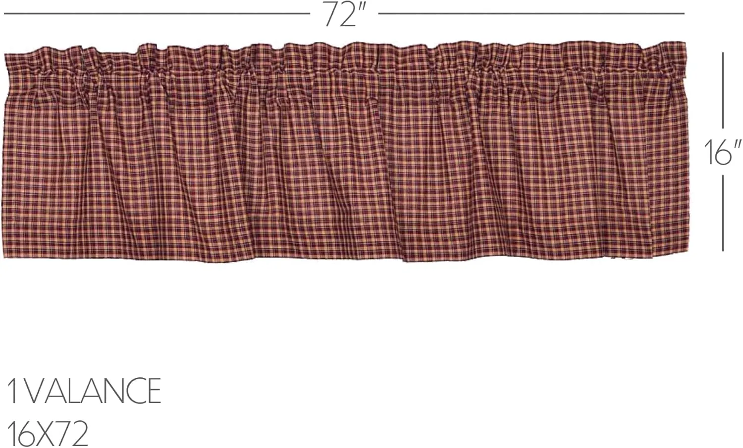 VHC Brands Patriotic Patch Plaid Valance 16x72 Country Curtain, Deep Red