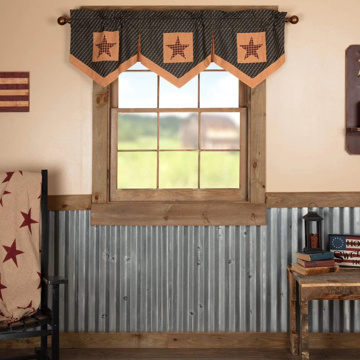 VHC Brands Primitive-Kitchen Curtains Patriotic Patch-Rod Pocket Cotton Hanging Loops Appliqued Star 20x60 Valance, Deep Red
